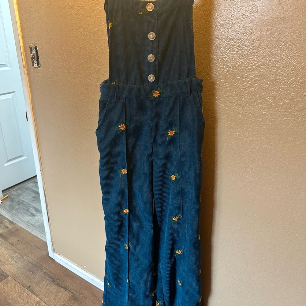 Blue Corduroy Jumpsuit with Sunflower Embroidery